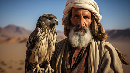 Contemplative Egyptian falconer stands in the desert with majestic bird of prey.