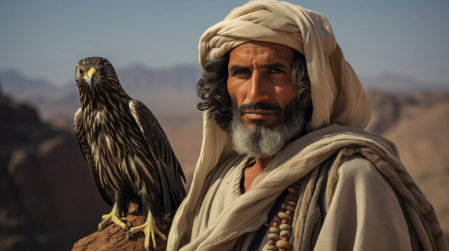 Contemplative Egyptian falconer stands in the desert with majestic bird of prey.