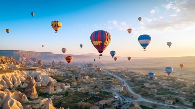 CAPPADOCIA, Türkiye. In the picture we see balloons flying over the city in the early morning hours.