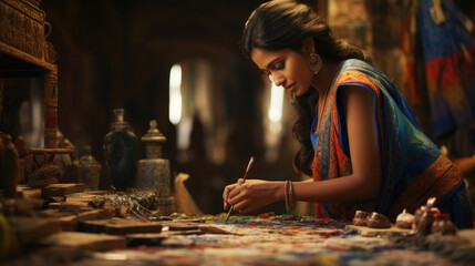 Adding Intricate Details: Indian Miniature Painter Refining Rajput-inspired Artwork
