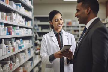 Young pharmacist working in a pharmacy and using a tablet - Powered by Adobe