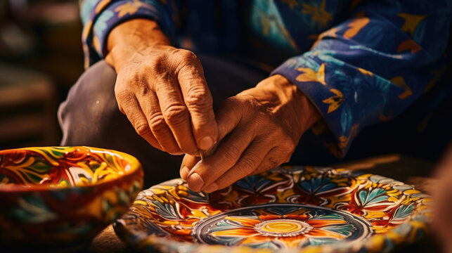 Mexican Talavera Pottery Artisan Crafting Colorful Clay Masterpiece Amid Earthy Aromas