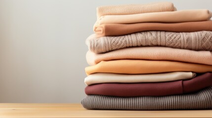 Neatly folded stacks of cozy knitwear on a wooden shelf against a beige backdrop.