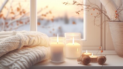 Fototapeta na wymiar Hygge warmth portrayed by a white sweater and candles on a windowsill.