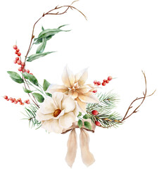 Watercolor hand drawn christmas wreath. Floral frame with poinsettia, pines, berries, eucalypt and red bird in traditional bright color palette - 664364429