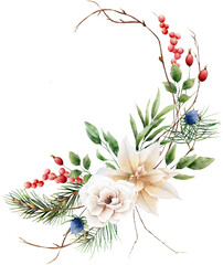 Watercolor hand drawn christmas wreath. Floral frame with poinsettia, pines, berries, eucalypt and red bird in traditional bright color palette - 664364434