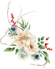 Watercolor hand drawn christmas bouquet. Floral arrangement with poinsettia, pines, berries, eucalypt in traditional bright color palette - 664364461