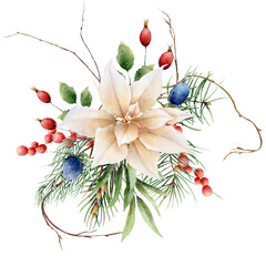 Watercolor hand drawn christmas bouquet. Floral arrangement with poinsettia, pines, berries, eucalypt in traditional bright color palette - 664364486