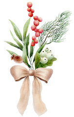 Watercolor hand drawn christmas bouquet. Floral arrangement with poinsettia, pines, berries, eucalypt in traditional bright color palette - 664364487