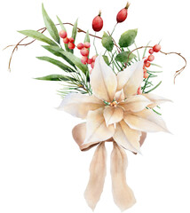 Watercolor hand drawn christmas bouquet. Floral arrangement with poinsettia, pines, berries, eucalypt in traditional bright color palette - 664364602