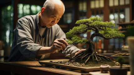 Adept Japanese Bonsai Master Crafting Living Artwork