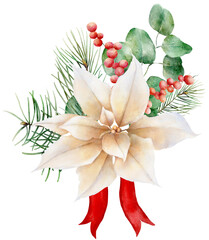Watercolor hand drawn christmas bouquet. Floral arrangement with poinsettia, pines, berries, eucalypt in traditional bright color palette - 664364670