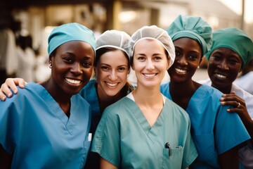 Enfermeras y doctoras de diferentes paises colaborando en paises del tercer mundo. Voluntariado.  - obrazy, fototapety, plakaty
