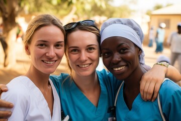 Enfermeras y doctoras de diferentes paises colaborando en paises del tercer mundo. Voluntariado.  - obrazy, fototapety, plakaty