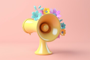 colorful flowered megaphone against pastel yellow background. creative composition. 3d render, social media and sale concept. Generative AI