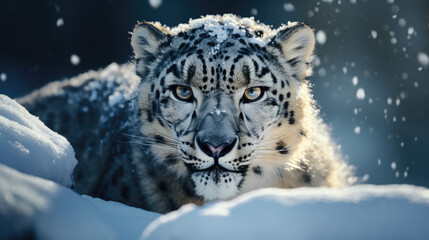 Snow leopard with long taill, sitting in nature stone rocky mountain habitat, Spiti Valley, Himalayas in India. Snow leopard Panthera uncia in the rock habitat, wildlife nature. Close-up wide angle.