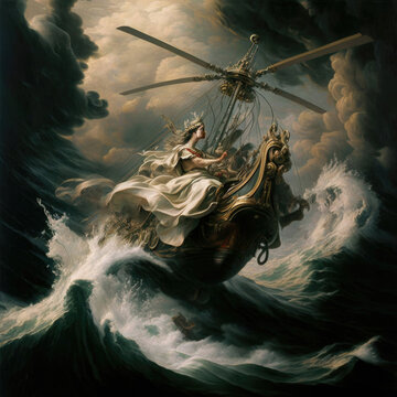 La Naufraga Degli Oceani. Illustrazione stile dipinto caravaggesco di Naufragio fra le onde d'elicottero medioevale o rinascimentale costruito nel seicento. 