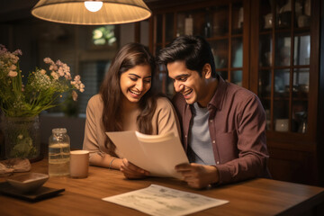 Happy young indian couple checking documents at home - obrazy, fototapety, plakaty
