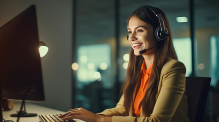 Friendly call center agent answering incoming calls with a headset, providing customer service remotely. Happy woman using her excellent communication skills to resolves customer issues.