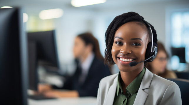 Friendly call center agent answering incoming calls with a headset, providing customer service remotely. Happy woman using her excellent communication skills to resolves customer issues.