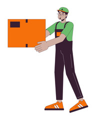 Middle eastern adult male courier carrying parcel 2D linear cartoon character. Moving company employee arab isolated line vector person white background. Online shopping color flat spot illustration