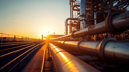 A pipeline to an oil refinery, industrial petrochemicals, an oil and gas plant against the background of sunset. - obrazy, fototapety, plakaty