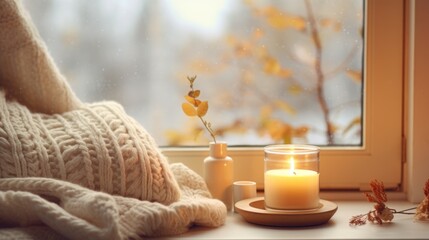 A cozy hygge scene with a white sweater and candles on a windowsill. - obrazy, fototapety, plakaty