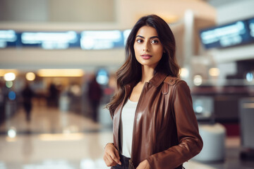 Obraz premium Young beautiful Indian woman standing at the airport