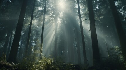 A dense, mist-shrouded forest with towering trees and an air of mystery as sunlight filters through the canopy.