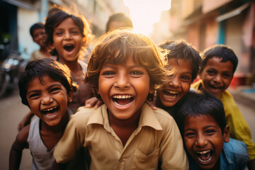 Group of happy Indian rural children - obrazy, fototapety, plakaty