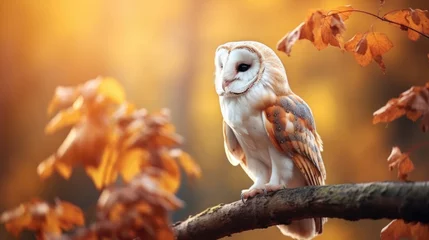 Zelfklevend Fotobehang Barn owl sit on stump in autumn forest - Tyto alba © Ruslan Gilmanshin