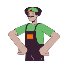 Latino male professional mover hands on hips 2D linear cartoon character. Latin american guy courier isolated line vector person white background. Logistics employee color flat spot illustration