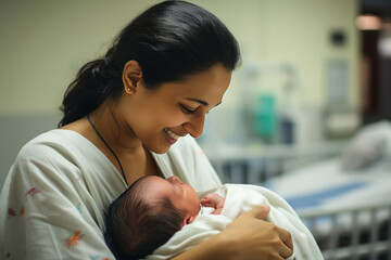 Indian mother carrying baby into the delivery room in a hospital.