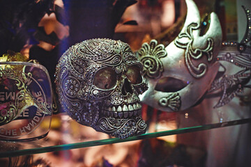Venetian masks in store display in Venice. Annual carnival in Venice is among the most famous in...