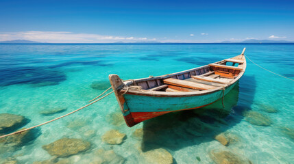 Fototapeta premium Wooden boat on white sand beach and blue sky in the background