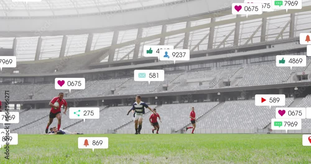 Poster animation of multiple notification bars over diverse rugby player playing practice match