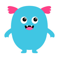 Happy Halloween. Monster blue silhouette head face icon. Eyes, tongue, tooth fang, ears, hands. Cute cartoon kawaii scary funny smiling baby character. Flat design. White background. Isolated.