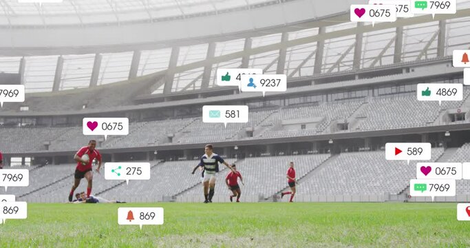 Animation of multiple notification bars over diverse rugby player playing practice match - Powered by Adobe
