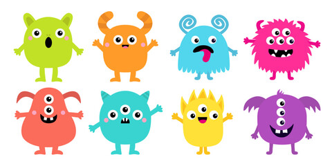 Monster colorful icon set. Happy Halloween. Eight monsters. Eyes, tongue, tooth fang, hands up. Cute cartoon kawaii scary funny baby character. Isolated. White background. Flat design.