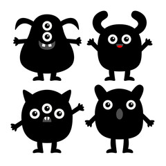 Cute black monster set. Happy Halloween. Monsters with different emotions. Hands, legs. Funny face head. Cartoon kawaii boo baby character. Childish collection. White background. Flat design.