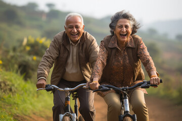 Indian senior couple riding a bicycle - obrazy, fototapety, plakaty