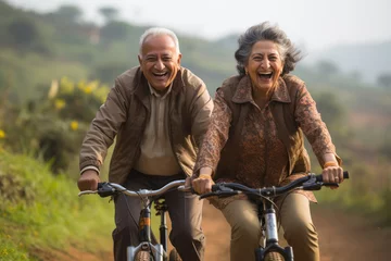 Fotobehang Indian senior couple riding a bicycle © Niks Ads