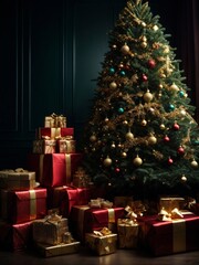 Fototapeta na wymiar Christmas tree with red and gold presents and decoration, award winning fashion magazine cover photo