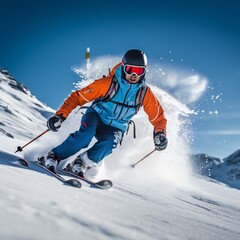 A young man skis untracked powder off-piste in mountains