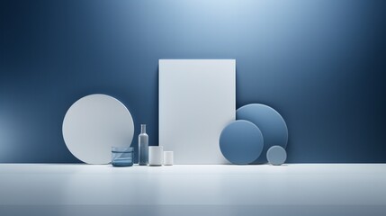For the presentation of numerous products in grey-blue tones, an original widescreen backdrop image in minimalistic design with geometric shapes of light and shadow is used.