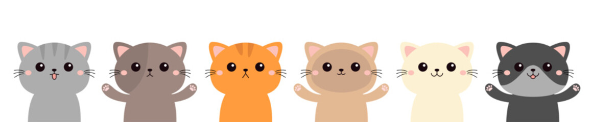 Cat set line. Kitten, kitty. Cute face, paw print. Different breeds and patterns, emotions, colors. Cartoon kawaii funny baby character. Kids collection. Sticker print. Flat design. White background.