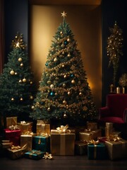 Christmas tree with red and gold presents and decoration, award winning fashion magazine cover photo
