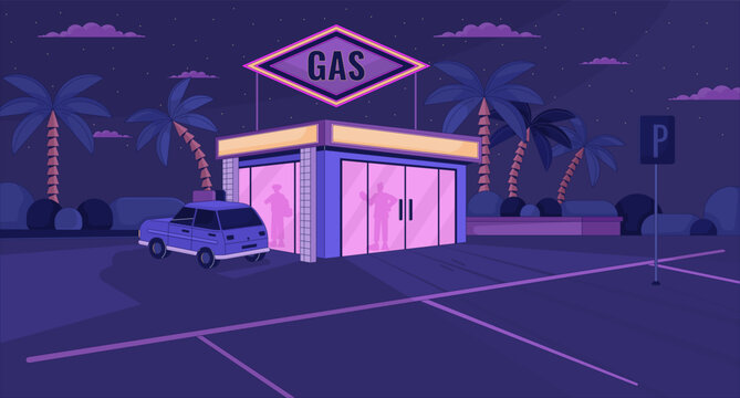 Silhouettes at gas station nighttime lofi wallpaper. People inside convenience store 2D cityscape cartoon flat illustration. Empty parking lot chill vector art, lo fi aesthetic colorful background