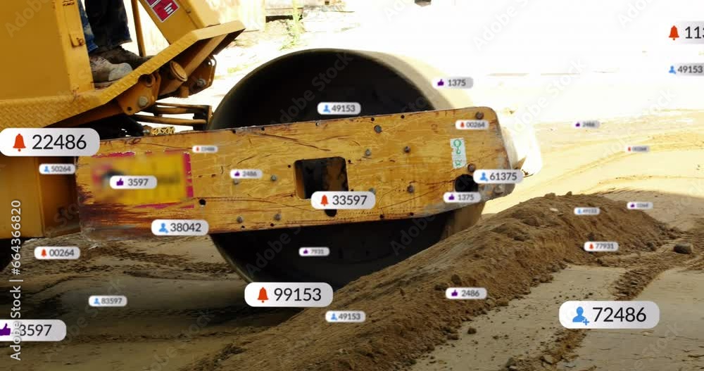 Poster animation of multiple notification bars over moving road roller on mud to make it flat