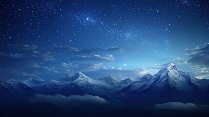 Fototapeta na wymiar a night sky filled with twinkling stars, a bright moon, and wispy clouds over a silhouette of majestic mountains.